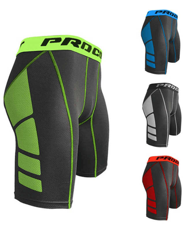 Men's compression gym tight shorts in neon green, blue, white, and red with quick-dry fabric, ideal for running and athletic activities.